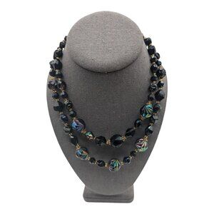 Vintage Western Germany Double-Strand Black Iridescent Bead Necklace Box Clasp